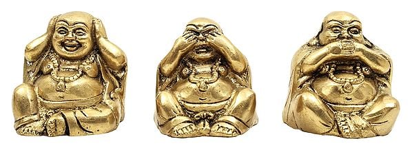 2" Teaching of Ignoring the Evil (Laughing Buddha Trinity) Statue in Brass | Handmade | made in India
