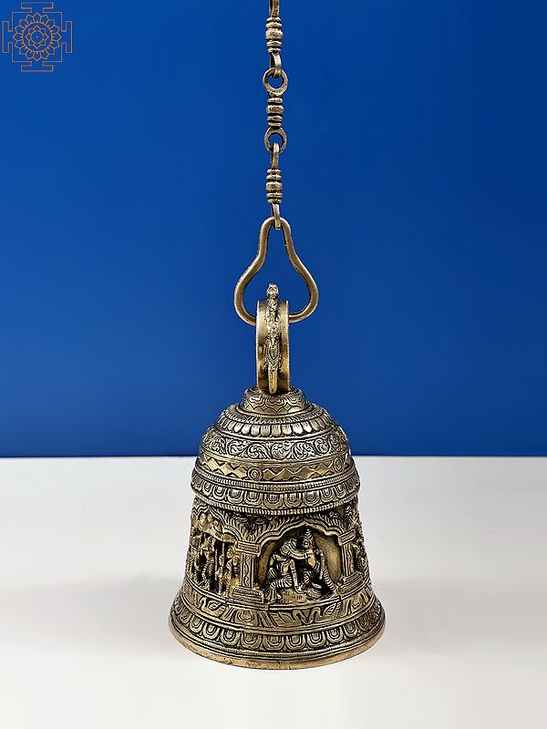 7" Shri Krishna Lila Temple Hanging Bell In Brass | Handmade | Made In India