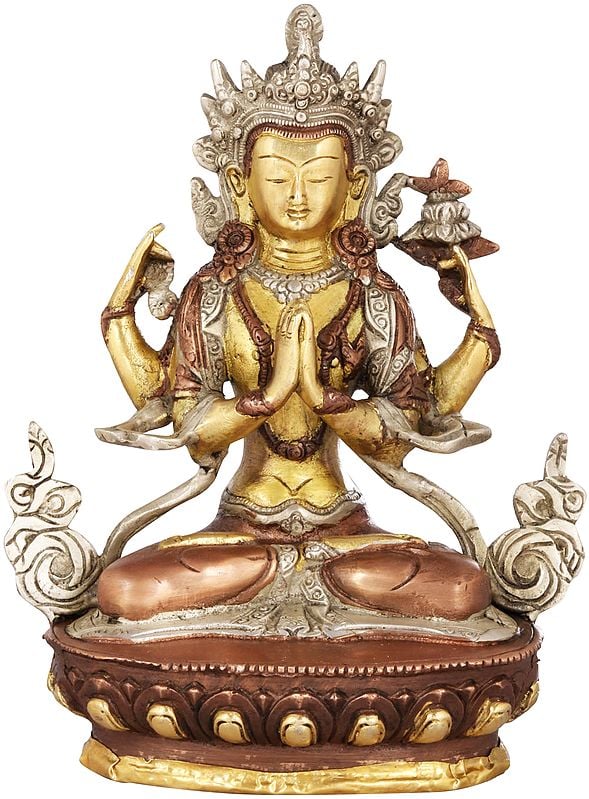8" Tibetan Buddhist Deity- Chenrezig (Shadakshari Lokeshvara) In Brass | Handmade | Made In India