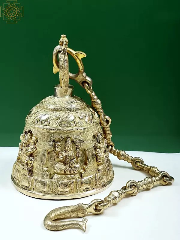 14" Ganesha Lakshmi and Saraswati Temple Hanging Bell in Brass | Handmade
