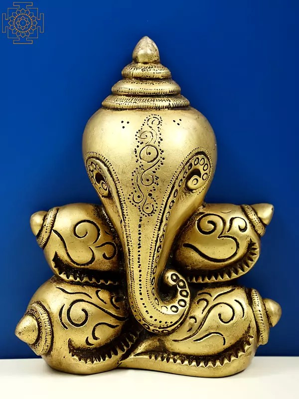 7" Stylized Ganesha - Made with Conches (Hollow Wall Hanging) in Brass