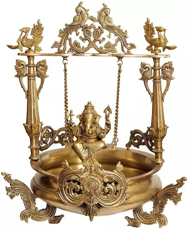 27" Swinging Lord Ganesha Urli With Miniscule Peacock Lamps In Brass | Handmade | Made In India