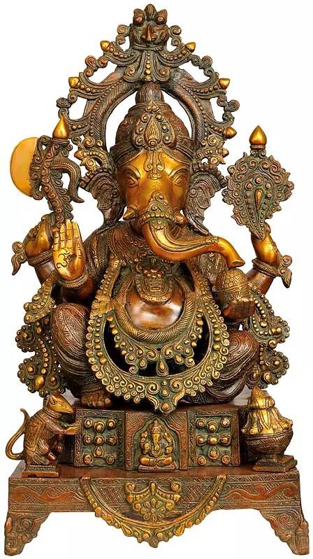 26" Large Size Enthroned Ganesha In Brass | Handmade