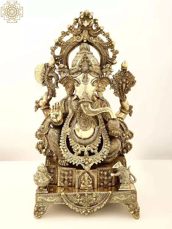 26" Large Size Enthroned Ganesha In Brass | Handmade