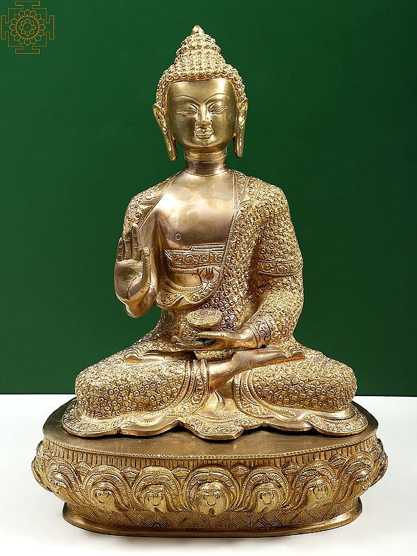 16" Shakyamuni Buddha in Teaching Mudra with Lotus on His Garment and Om Mani Padme Hum on Reverse In Brass | Handmade | Made In India