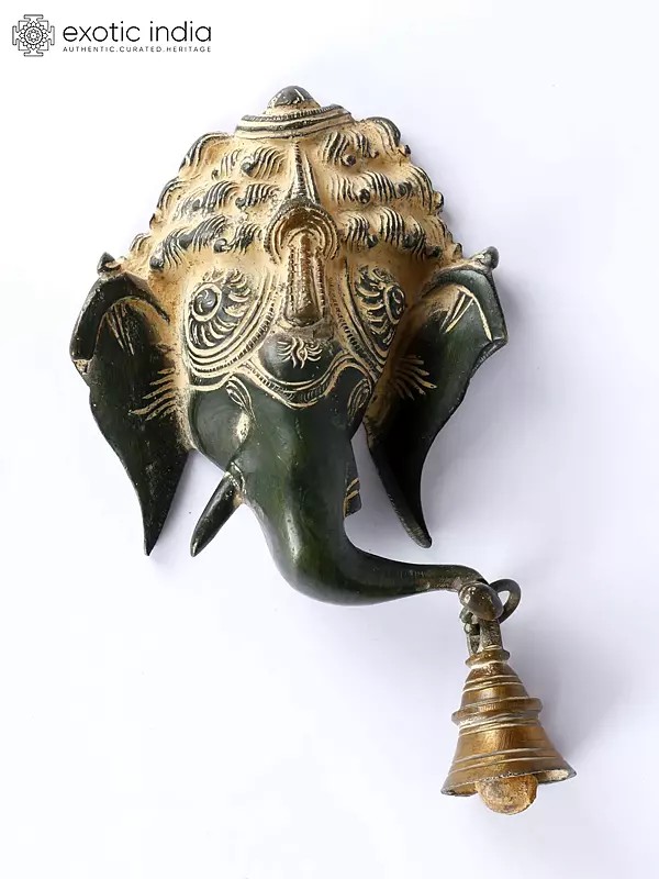 6" Lord Ganesha Wall Hanging Mask with Bell in Brass | Handmade