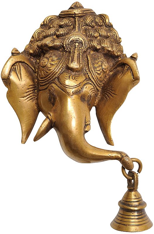 6" Lord Ganesha Wall Hanging Mask with Bell in Brass | Handmade