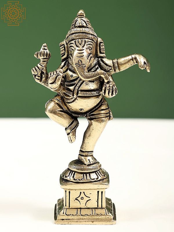 5" Brass Four Armed Dancing Ganesha Idol | Handmade Brass Statues