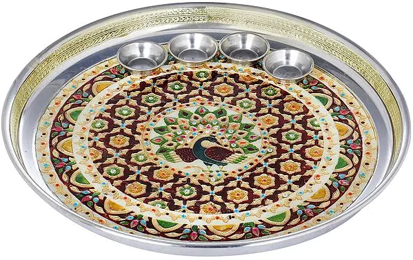 Peacock Puja Thali with Four Attached Bowls