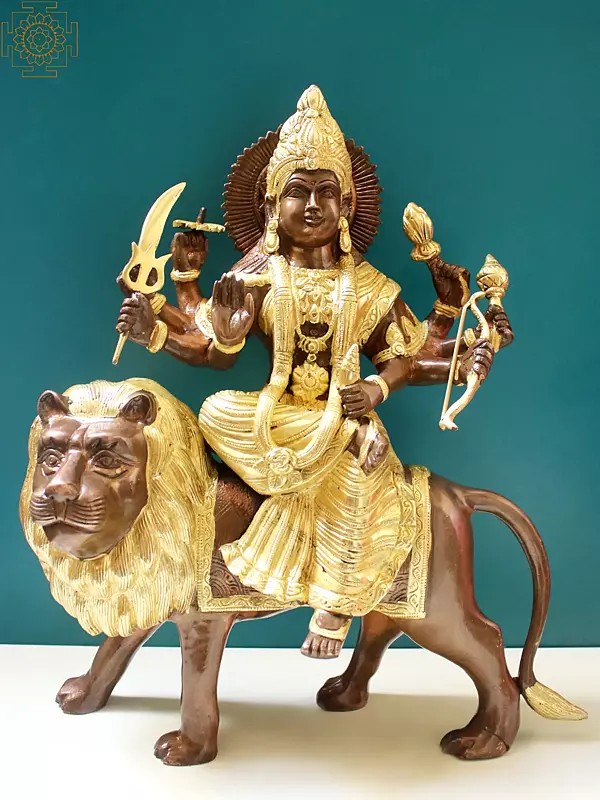 16" Goddess Durga Sitting on Lion In Brass