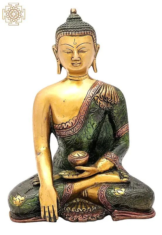 8" Bhumisparsha Buddha Adorned in a Floral Robe in Brass | Handmade | Made In India