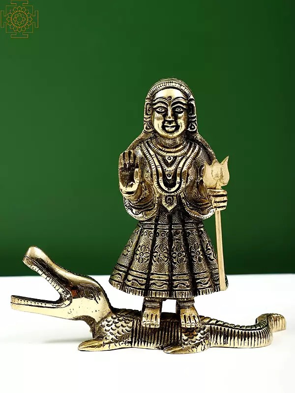 5" Small Brass Khodiyar Mata Idol on Crocodile (Rare Goddesses of India)