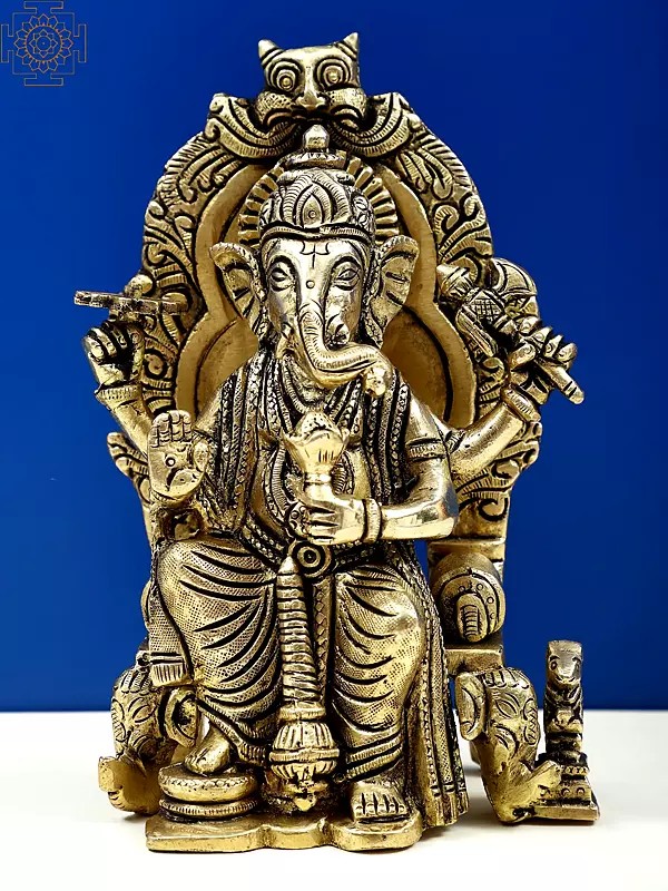 6" Enthroned Ganesha Sculpture in Brass | Handmade Idols