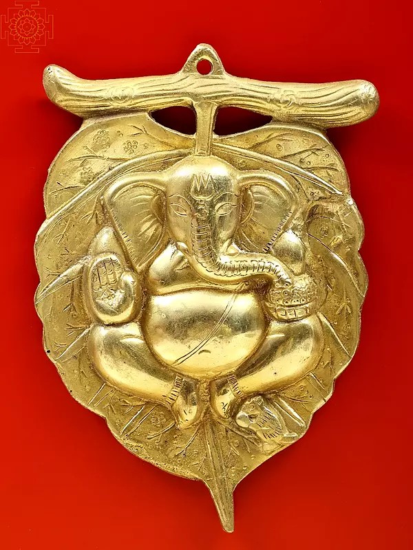 8" Small Brass Lord Ganesha on Peepal Leaf Wall Hanging
