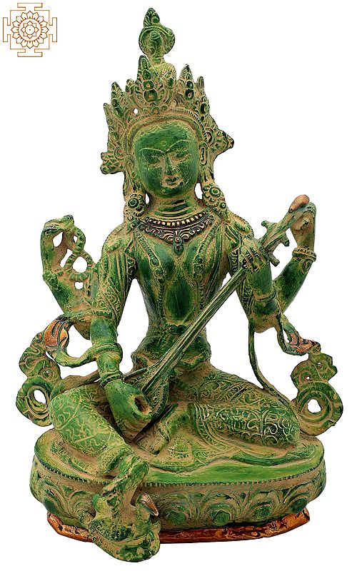 12" Seated Chaturbhujadharini Saraswati, Nepalese Iconography In Brass | Handmade | Made In India