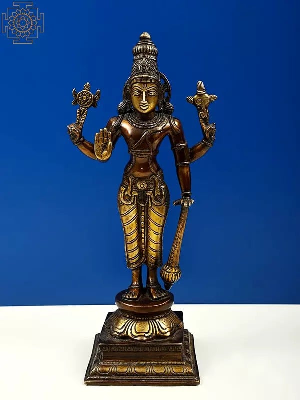 11" Lord Chaturbhuj Vishnu Brass Statue Standing on Pedestal