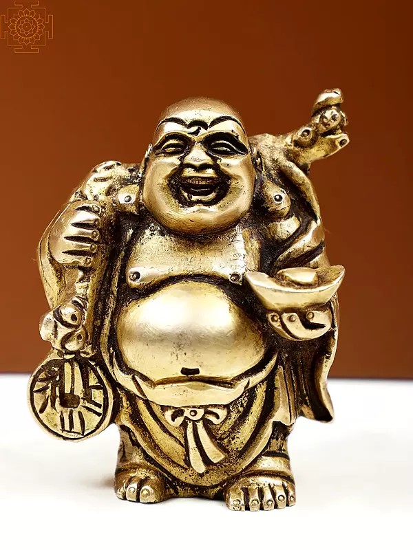 3" Small Brass Laughing Buddha with Coins and Ingot