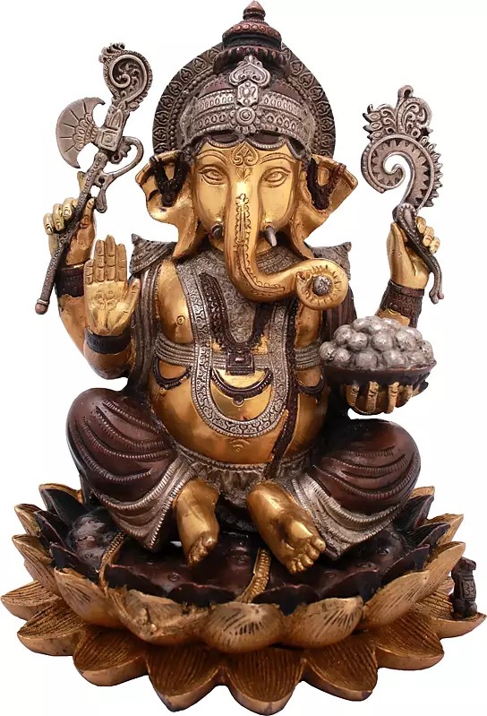 11" Lord Ganesha Seated on Lotus in Brass | Handmade | Made In India