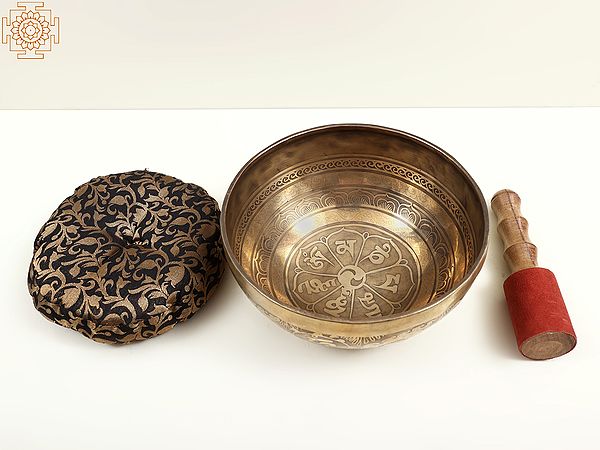 9" Tibetan Buddhist Singing Bowl with the Image of Om Mani Padme Hum