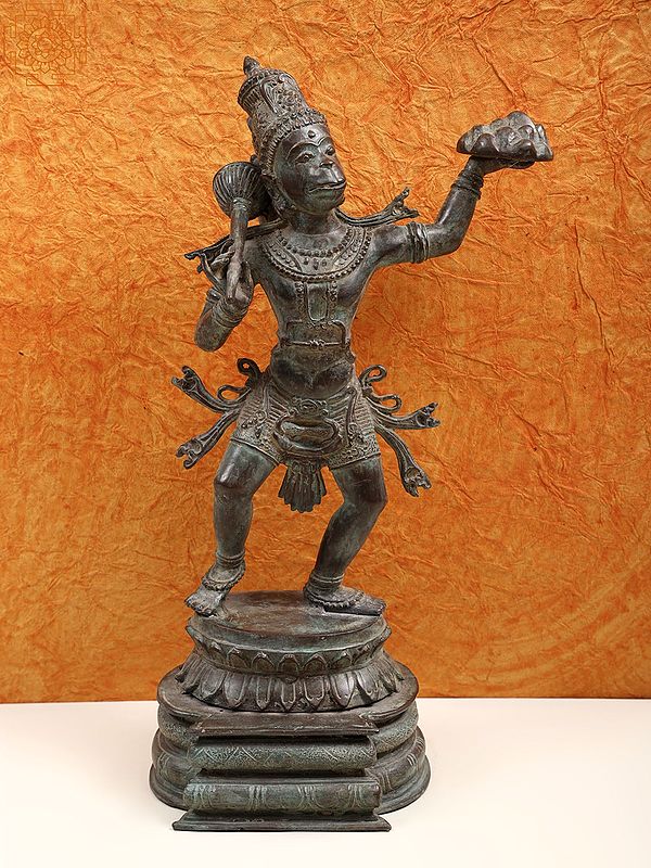 18" Brass Veer Hanuman Ji Lifting the Sanjeevani Mountain | Handmade