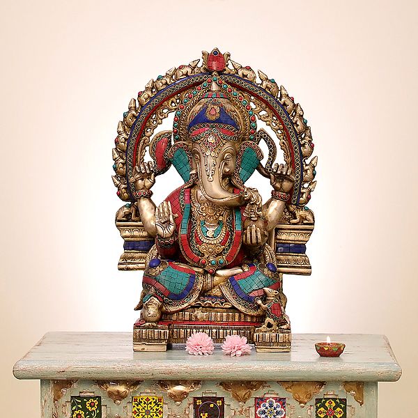 19" Brass Lord Ganesha with Inlay Work | Handmade