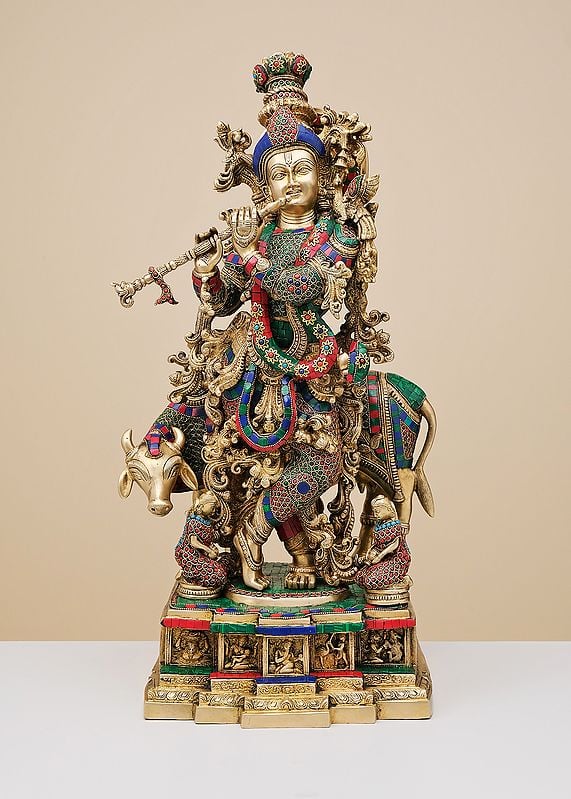 28" Brass Fluting Krishna with His Cow | Handmade