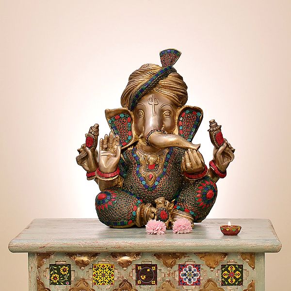 17" Brass Pagdi Ganesha with Inlay Work | Handmade