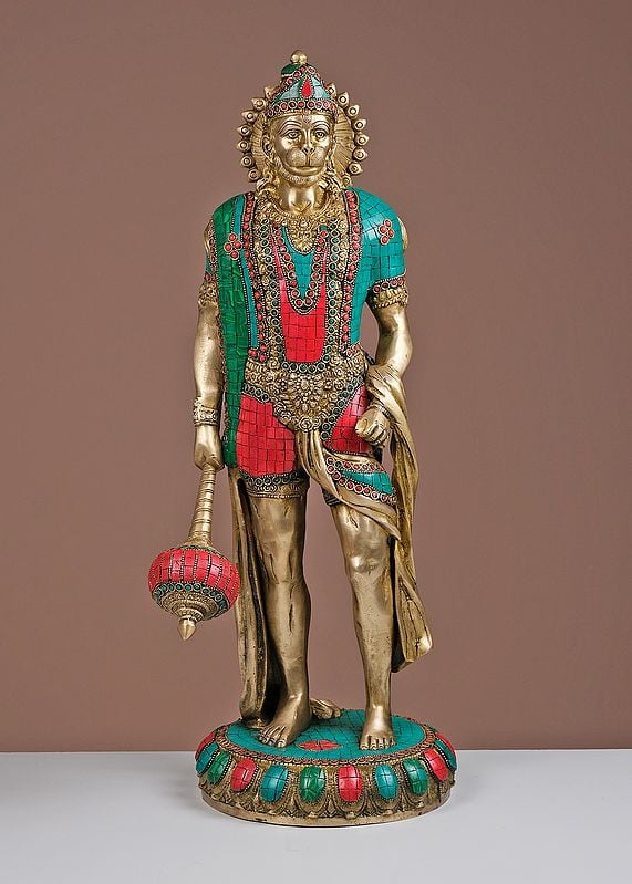 23" Brass Sankat Mochan Hanuman Ji With Inlay Work | Handmade