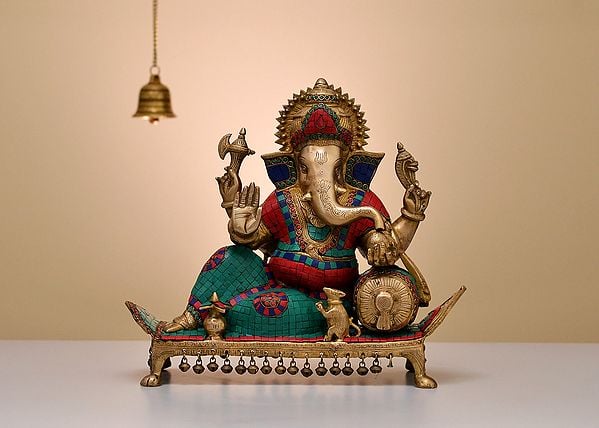 16" Brass Relaxing Ganesha Idol on Pedestal | Handmade Brass Statue with Inlay work