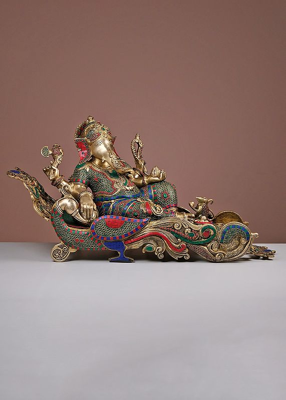 17" Relaxing Ganesha Brass Statue with Inlay Work | Handmade