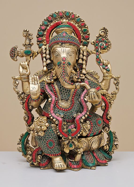 16" Brass Lord Ganesha Seated on Lotus with Inlay Work | Handmade