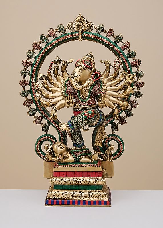 26" Brass Dancing Ganesha With Inlay Work | Handmade