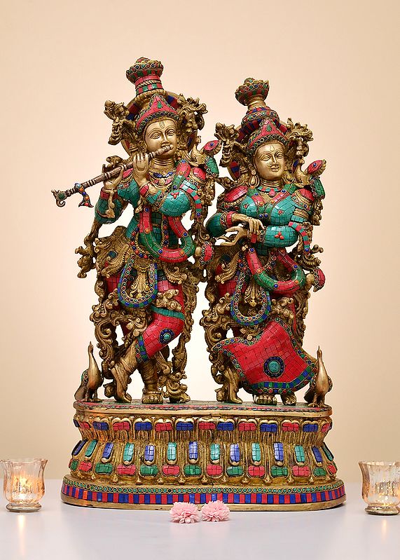 30" Brass Radha Krishna with Inlay Work | Handmade
