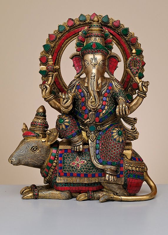 16" Brass Lord Ganesha Sitting on Rat with Inlay Work | Handmade