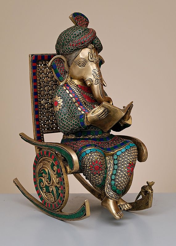 15" Brass Ganesha On Rocking Chair with Inlay Work | Handmade