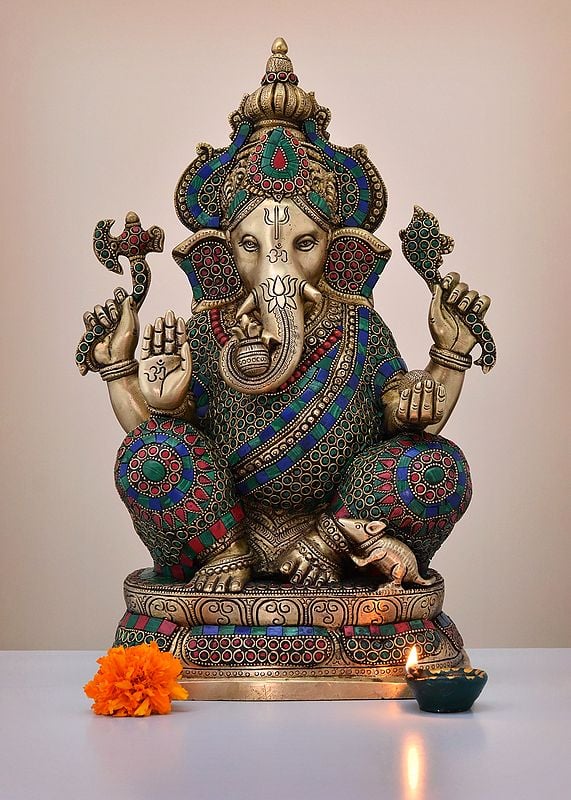 16" Brass Crown Ganesh (Right Trunk) with Inlay Work | Handmade
