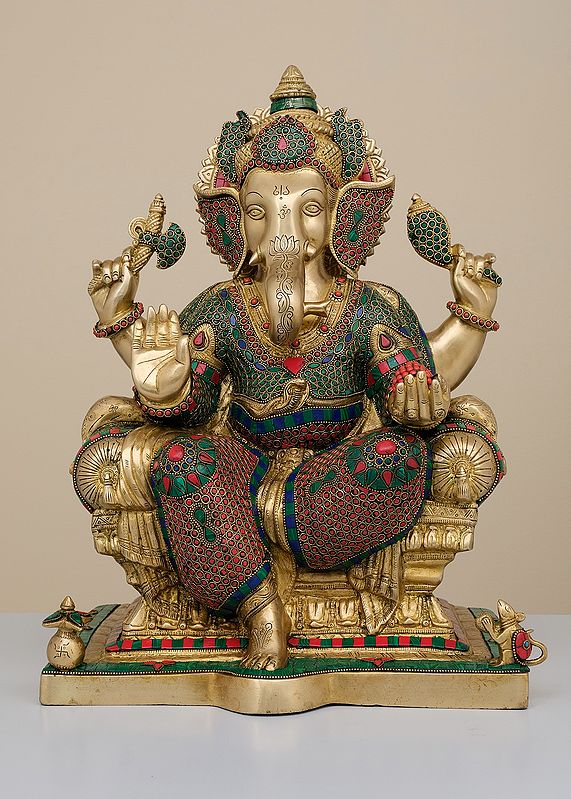 18" Brass King Ganesha with Inlay Work | Handmade