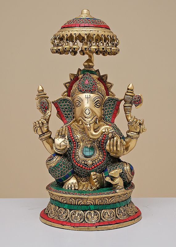 16" Brass King Ganesha with Inlay Work | Handmade