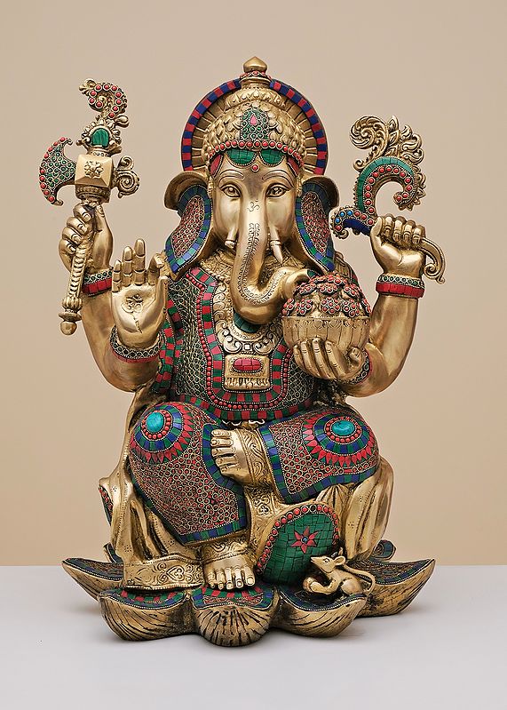 24" Brass Lord Ganesha Seated on Lotus with Inlay Work | Handmade