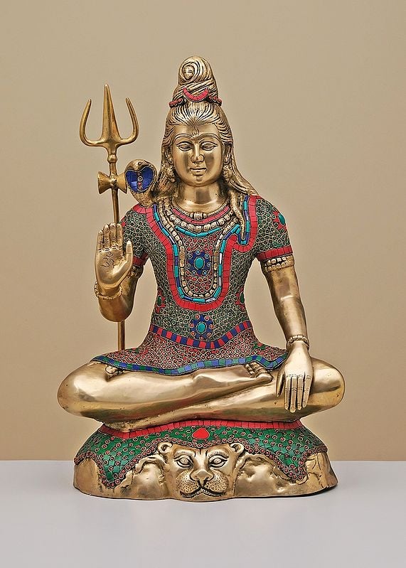 21" Brass Blessing Lord Shiva Seated on a Mountain with Inlay Work | Handmade
