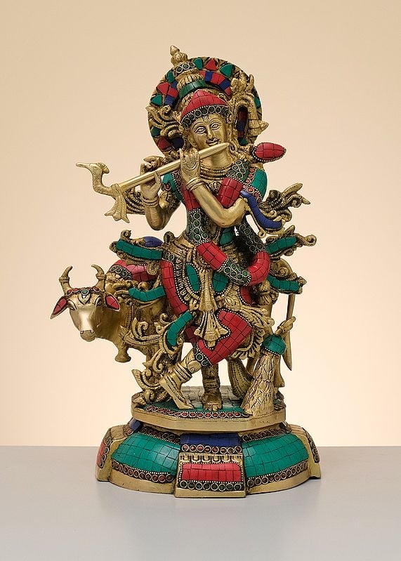 15" Brass Fluting Krishna with His Cow | Handmade
