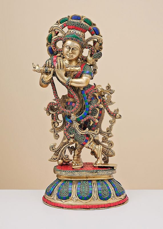 22" Brass Fluting Krishna with Inlay Work | Handmade