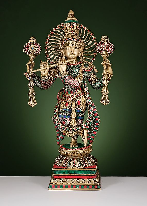 24" Brass Fluting Krishna with Vaishnava Symbol | Handmade
