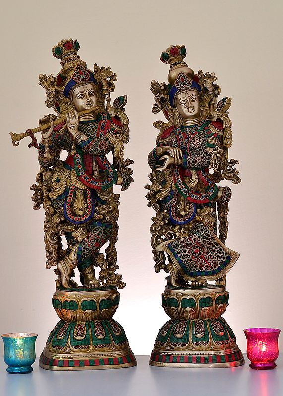 29" Brass Radha Krishna with Inlay Work (Pair) | Handmade