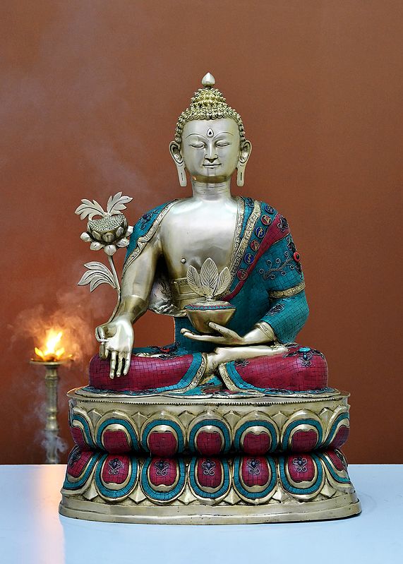 38" Large Brass Medicine Buddha with Inlay Work | Handmade