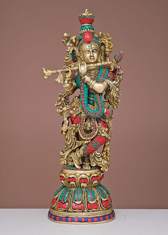 20" Brass Fluting Krishna with Inlay Work | Handmade