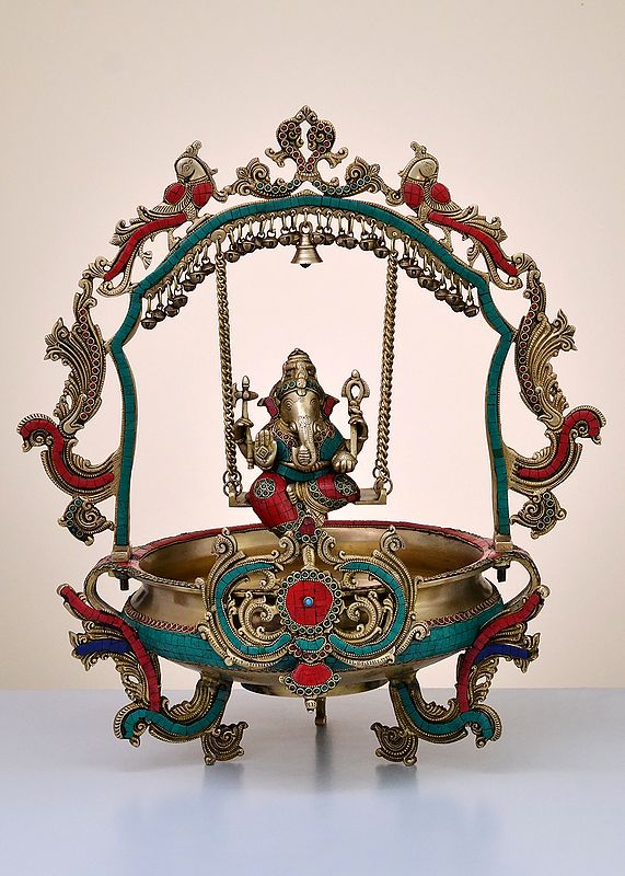 24" Brass Urli with Lord Swing Ganesha | Handmade