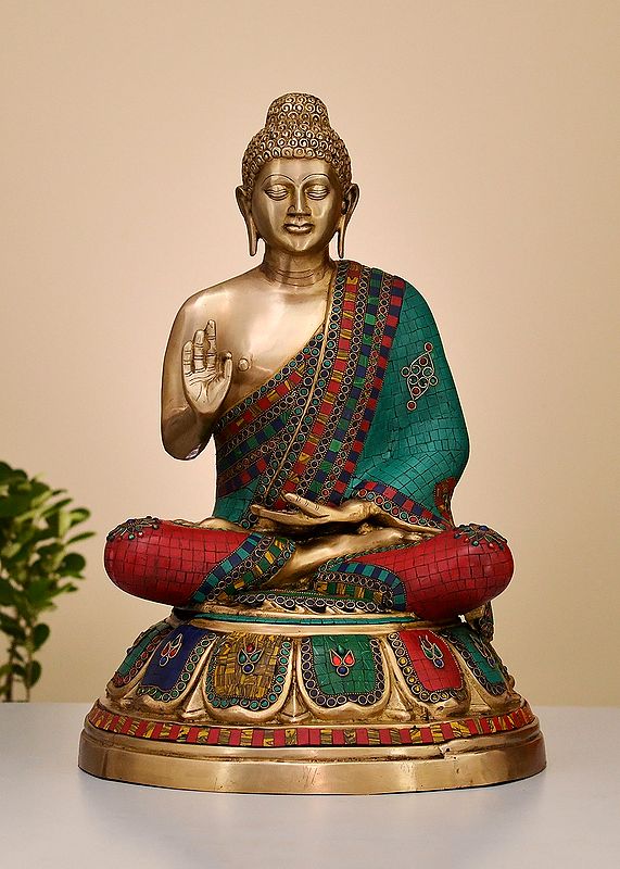 22" Brass Gautam Buddha Preaching His Dharma with Inlay Work | Handmade