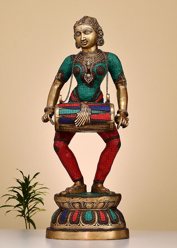 38" Large Brass Lady with Dholak | Handmade