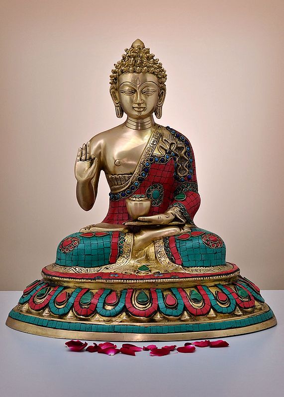 16" Brass Gautam Buddha Preaching His Dharma with Inlay Work | Handmade